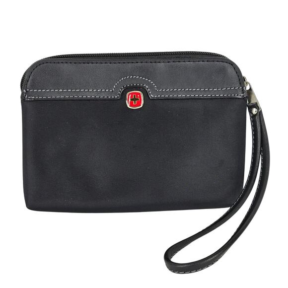 SWISS GEAR MAKEUP/TOILETRY BLACK ZIPPERED TRAVEL POUCH MULTI COLOR STRIPE LINING - Picture 1 of 6